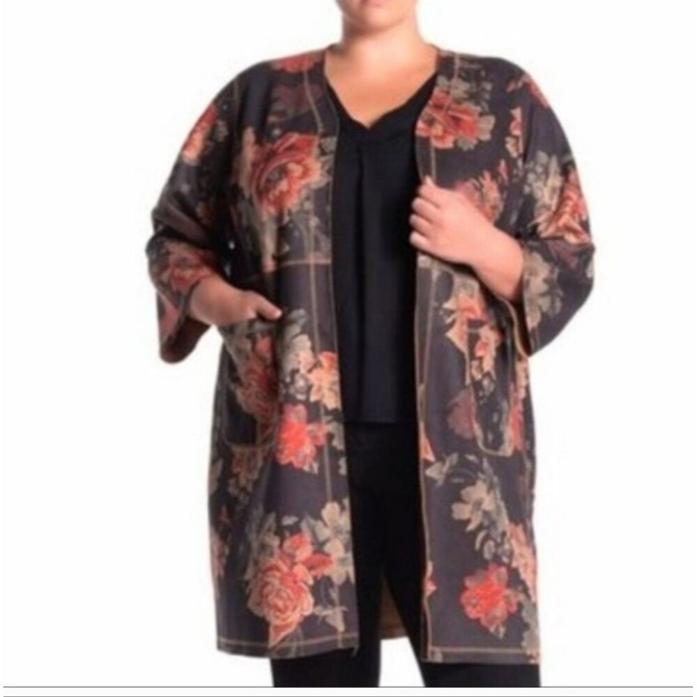 T Tahari Petite Faux Leather Suede Open Floral Printed Jacket Size 3X